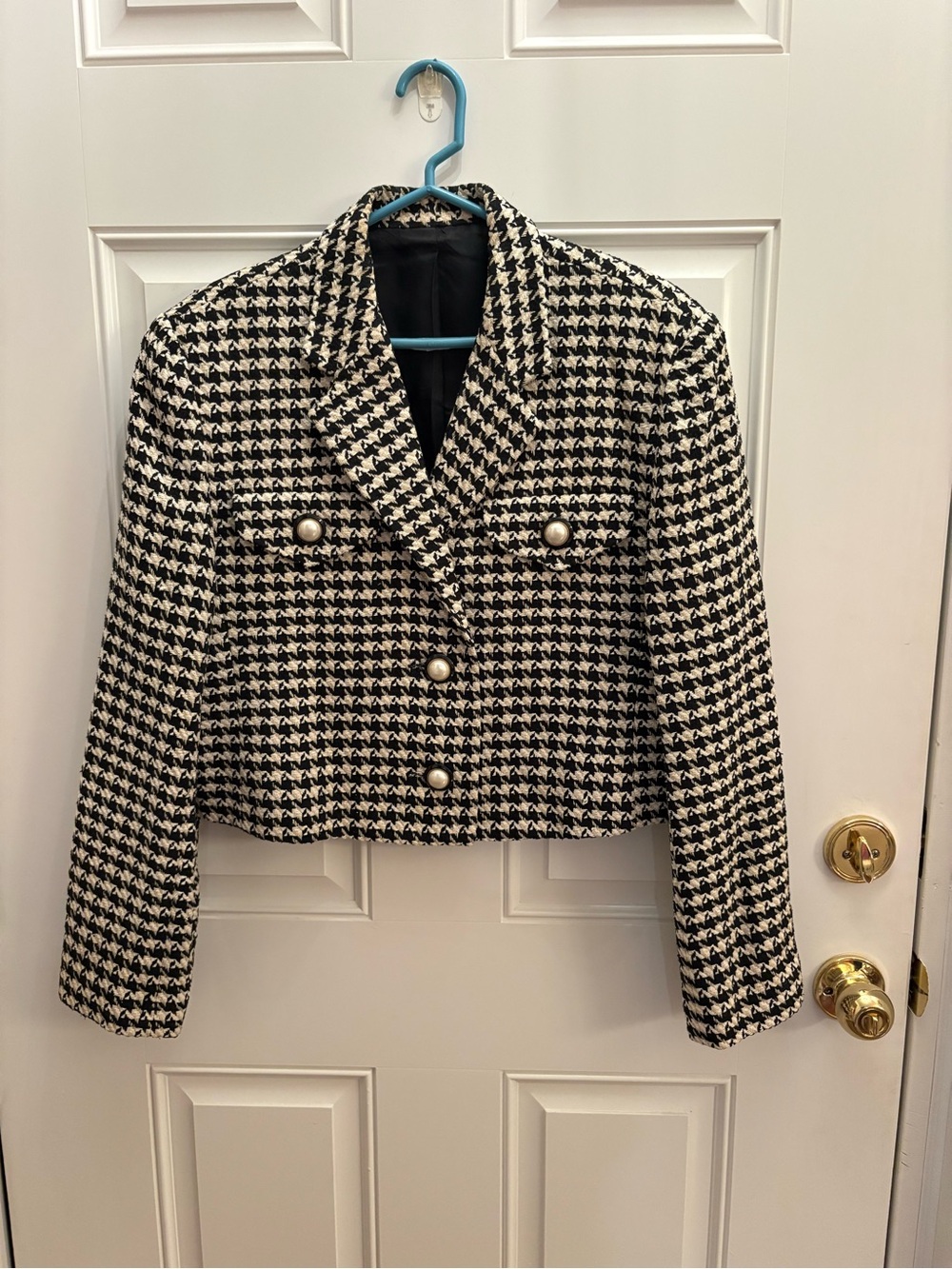 Doncaster Black and White Houndstooth Cropped Double-Breasted Blazer